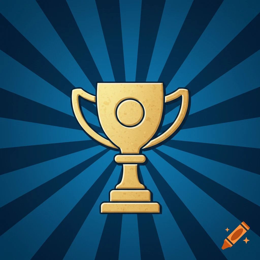 Golden trophy icon on a blue sunburst background