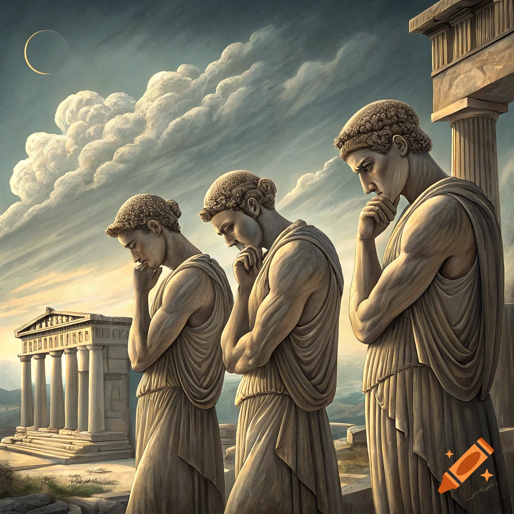 Three statues of ancient Greek men looking down in thought, standing near temple ruins under a cloudy sky with a crescent moon.
