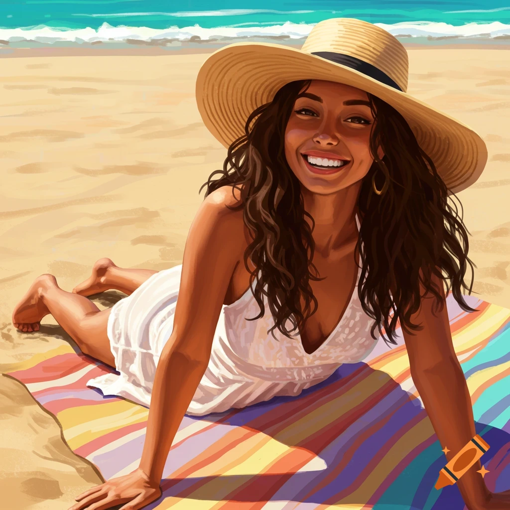 A smiling woman in a hat and dress is lying on a towel at the beach