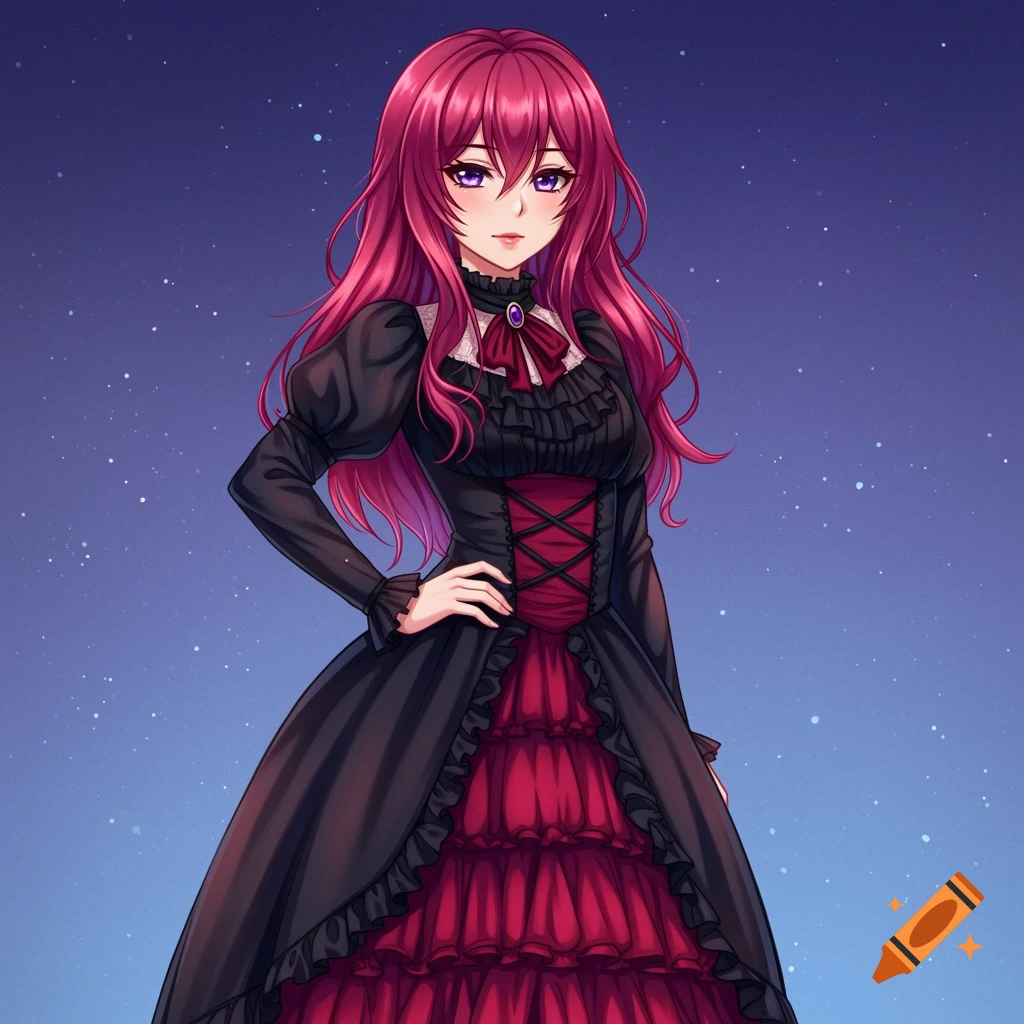 Anime woman in gothic dress against starry sky