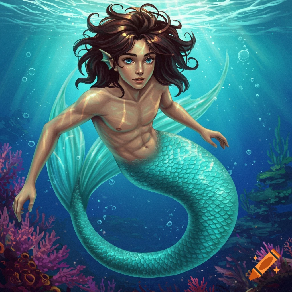 A merboy swimming underwater among coral reefs.