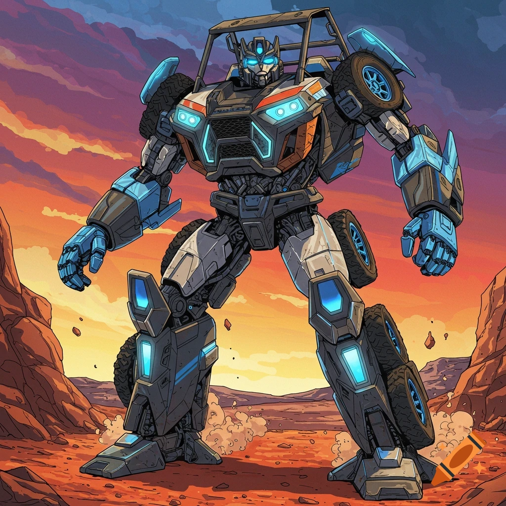 A robot based on a vehicle stands in a desert at sunset.