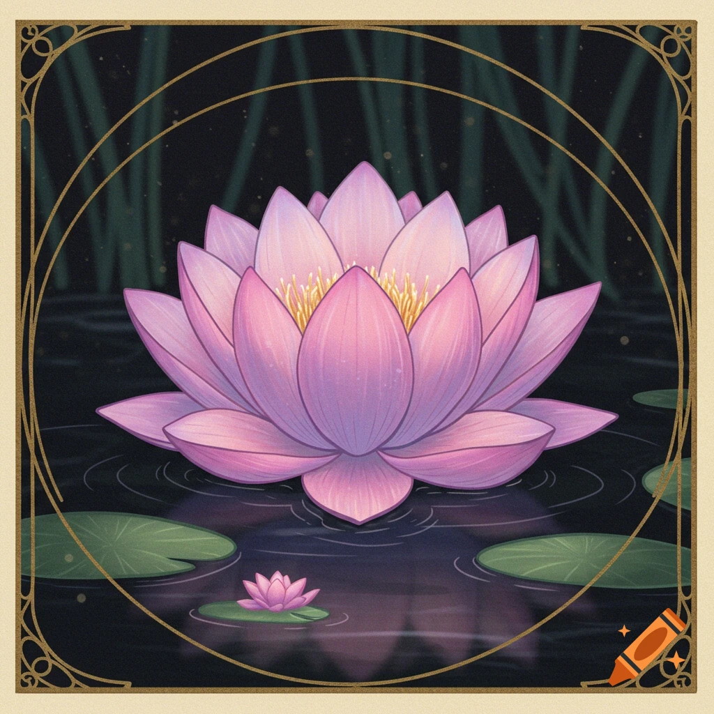 An illustration of a large pink lotus flower floating on dark water with lily pads, framed by a decorative border.