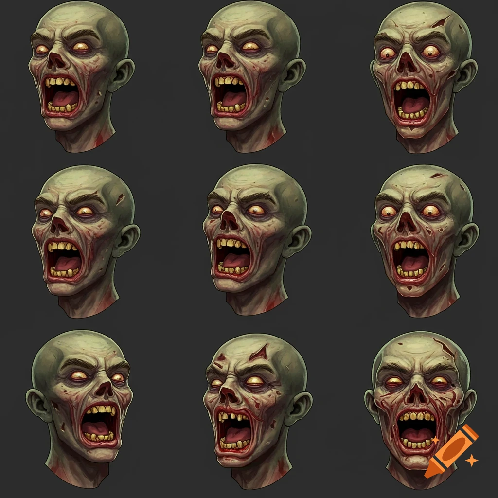 Nine stylized zombie heads with open mouths and glowing eyes, in different poses for animation.
