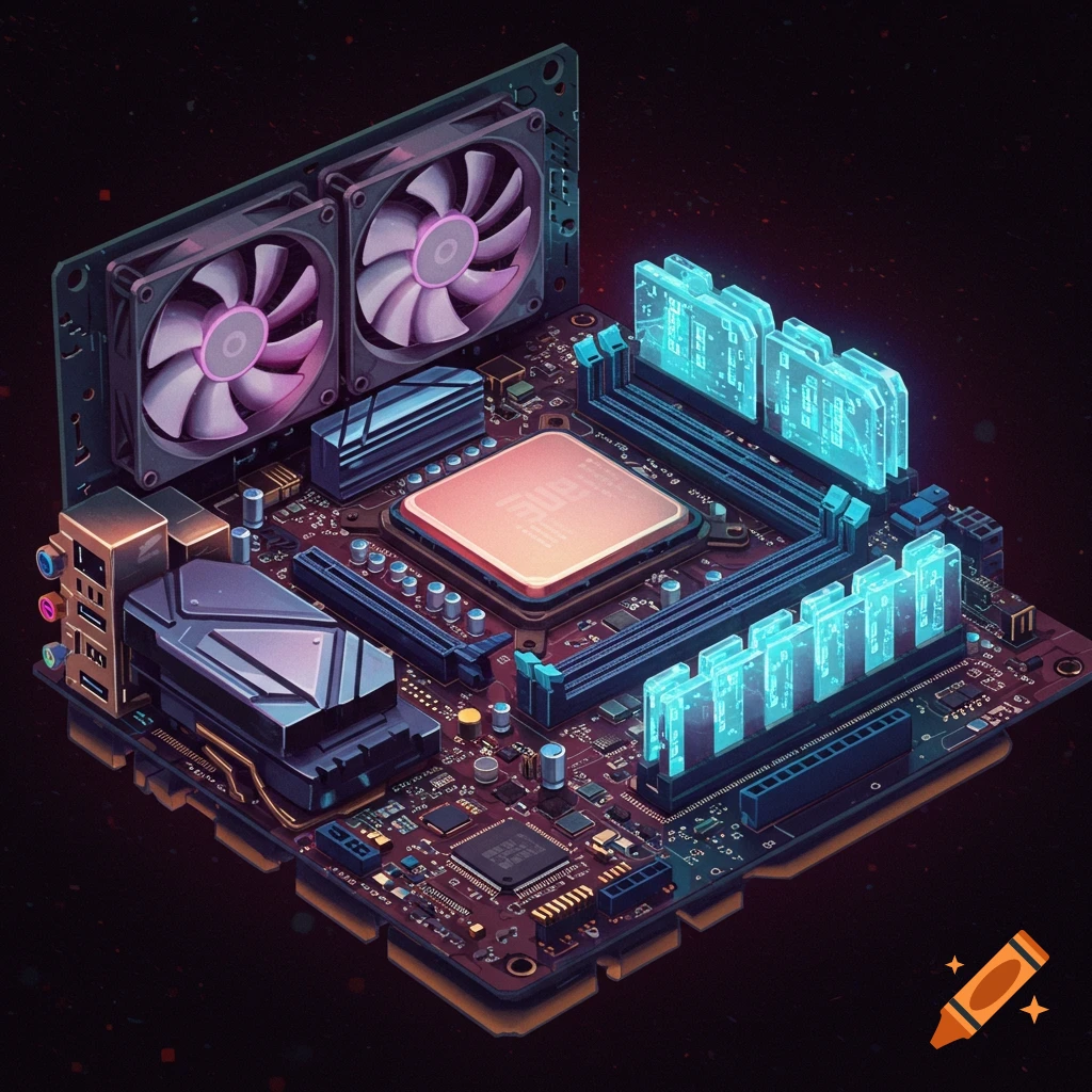 Detailed computer motherboard with glowing RAM and CPU in an isometric view.
