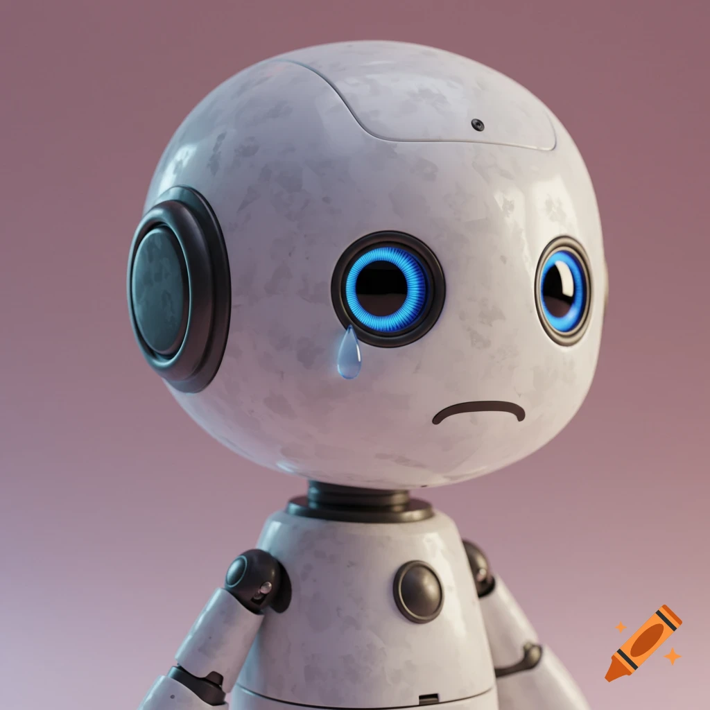 3D rendering of a sad white robot with blue eyes and a tear drop