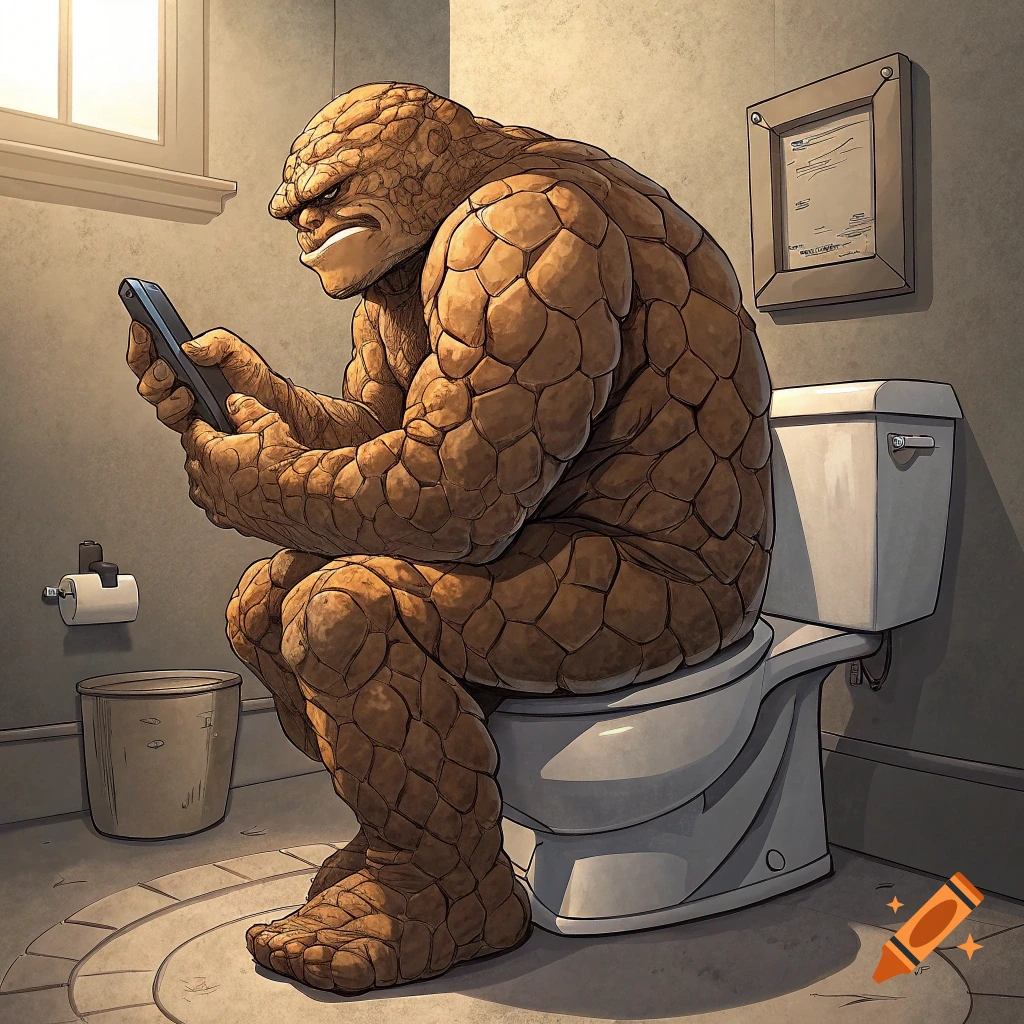 The Thing from Fantastic Four sits on a toilet looking at a smartphone in a bathroom.