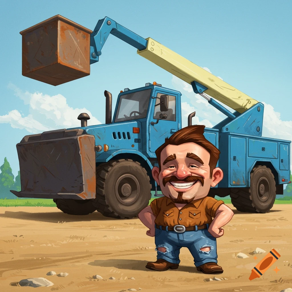 Cartoon man stands in front of a blue bucket truck.