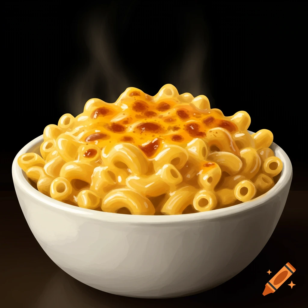 Mac and cheese in a white bowl with steam.