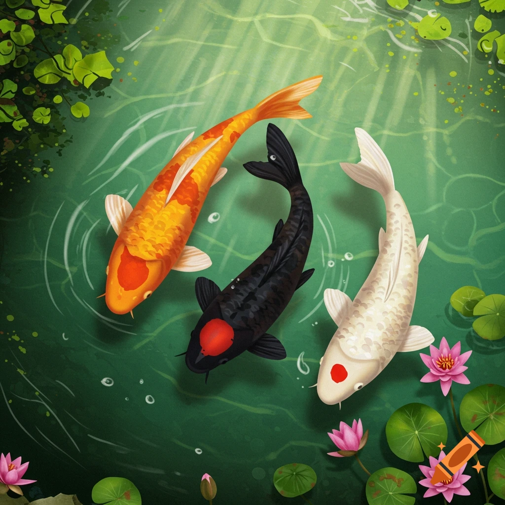 Orange, black, and white koi fish swim in a pond with lily pads and pink water lilies.
