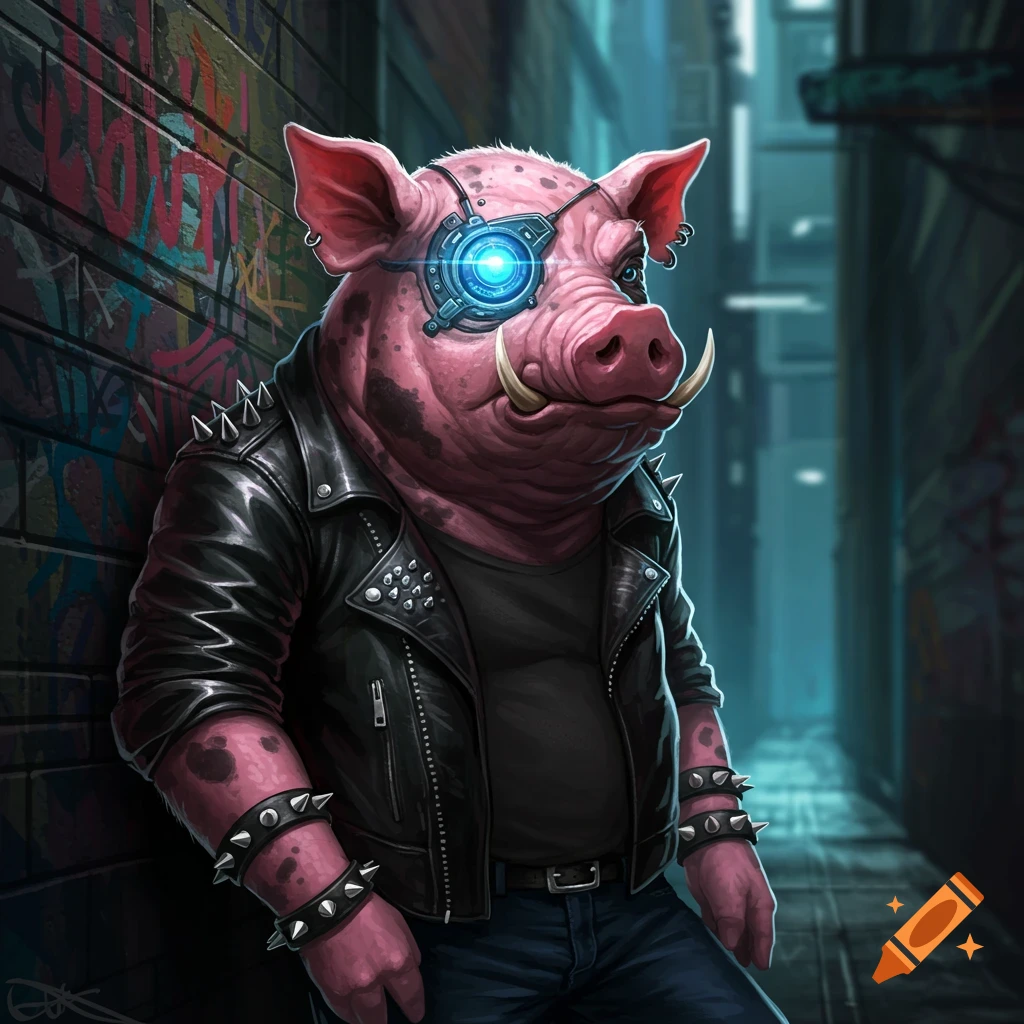 A mutant pig with a glowing cybernetic eye, wearing a studded leather biker jacket and jeans, leans against a graffiti wall in a dark alley.
