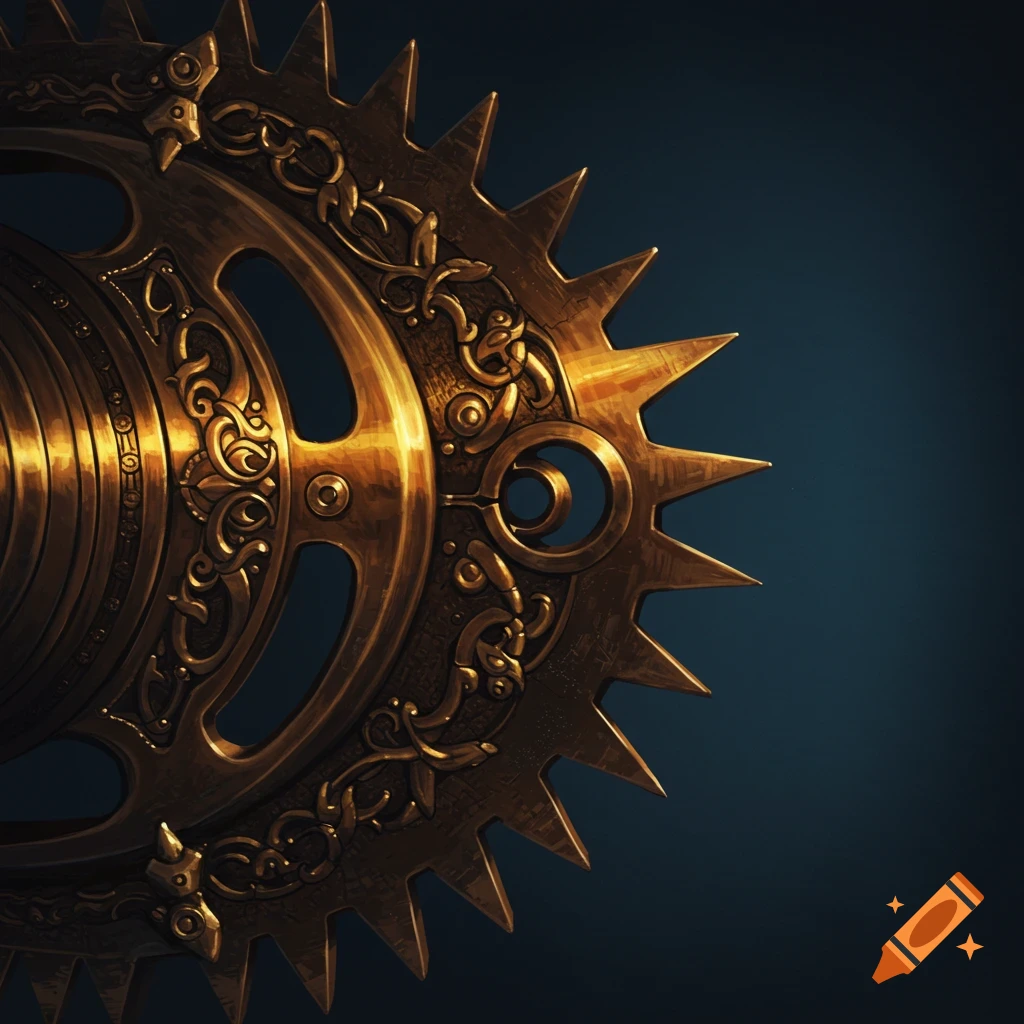 A close-up of an ornate golden gear.
