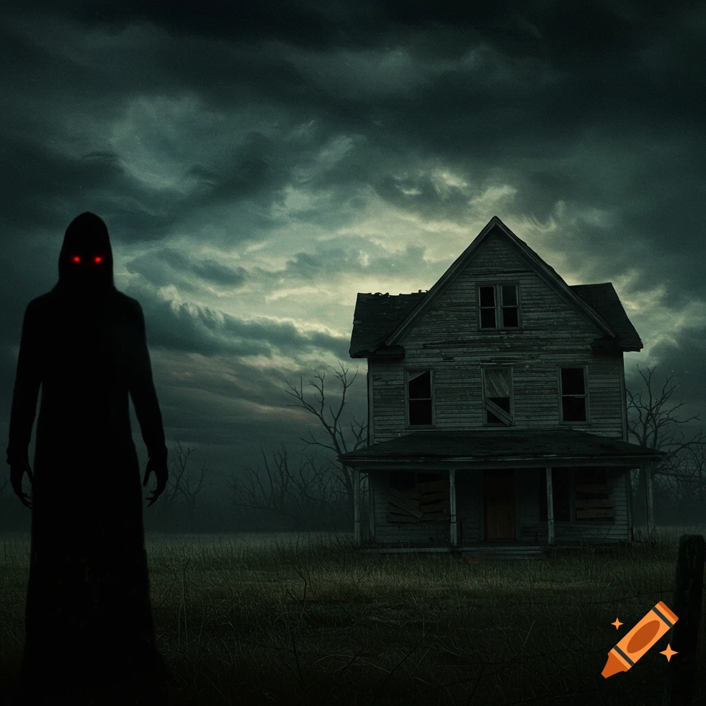 A shadowy figure with red eyes stands in front of an old haunted house under a stormy sky.