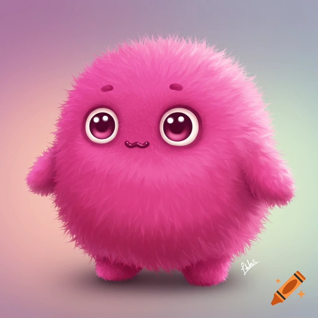 A cute pink fuzzy creature with big eyes.