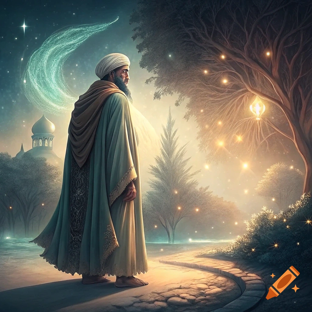 A man in robes and a turban stands looking at a mystical landscape with a mosque, trees, stars, and a glowing crescent moon shape in the sky.