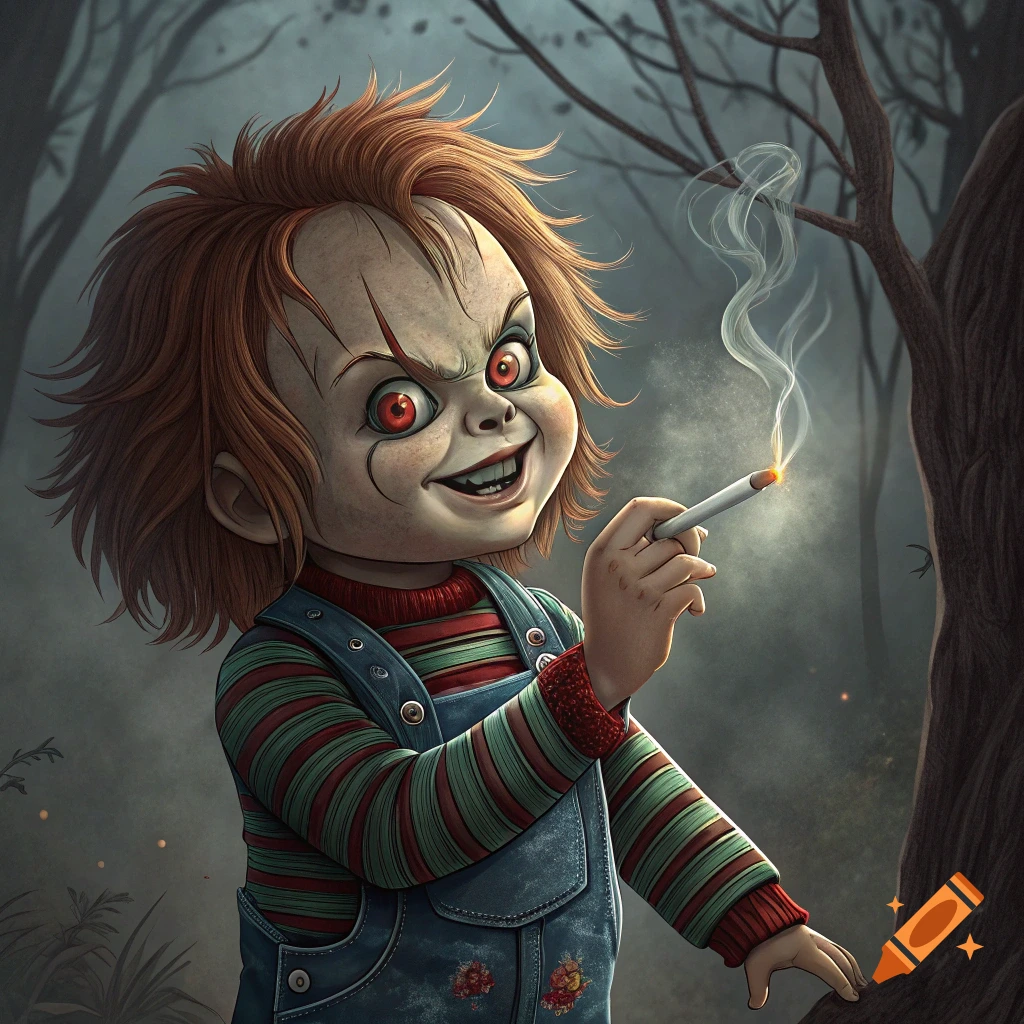 Illustration of the horror doll Chucky smoking a cigarette in a dark forest.