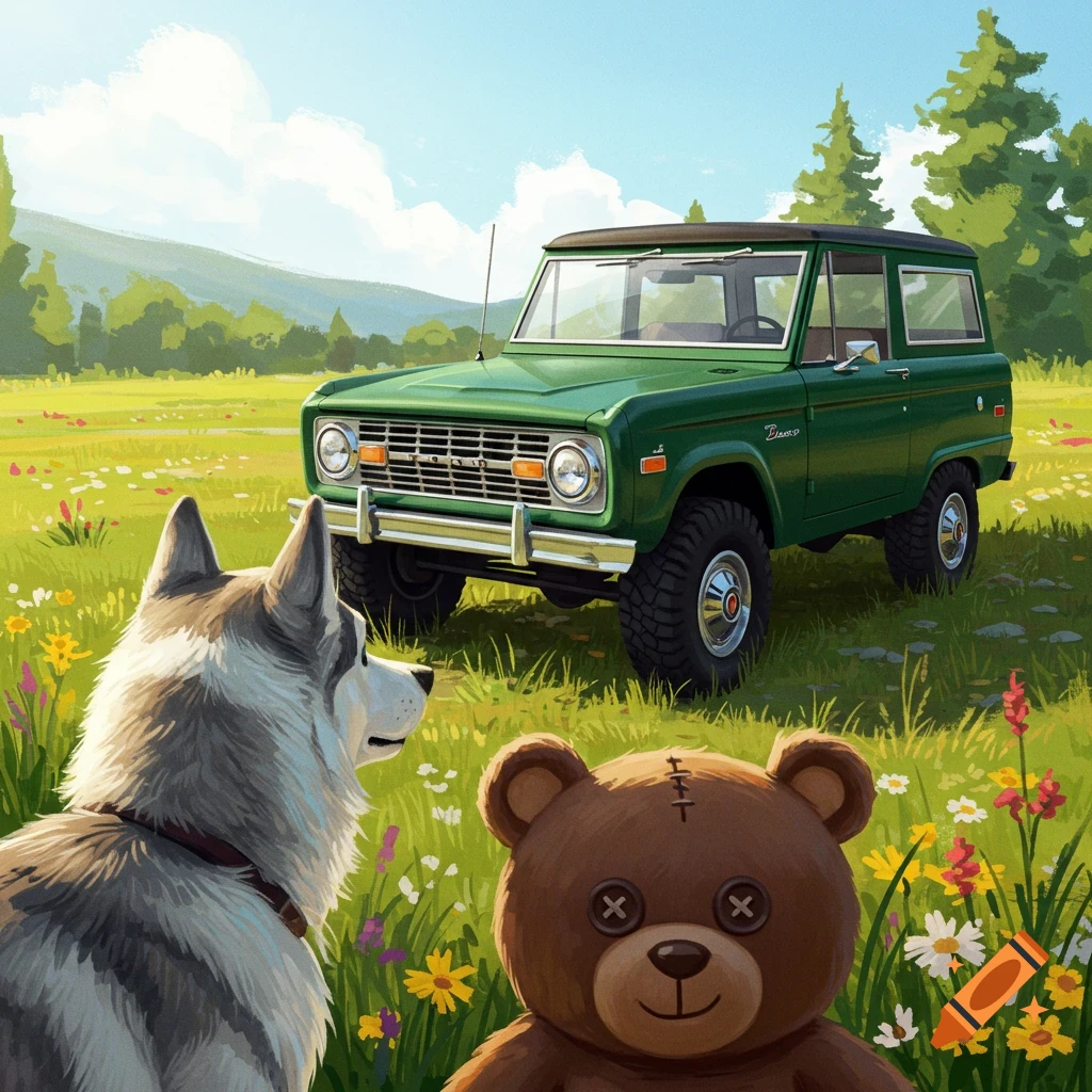 A husky and a teddy bear looking at a green Ford Bronco in a field.