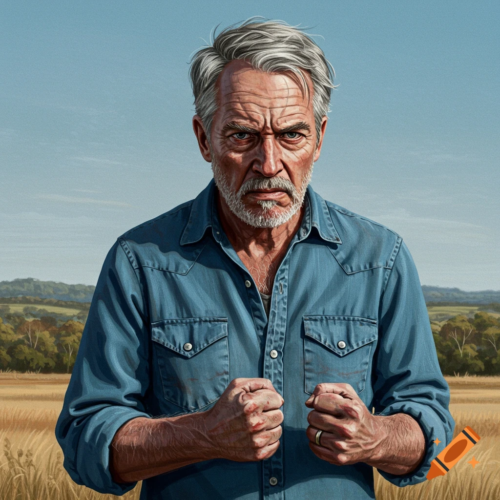An older man with gray hair, beard, and blue shirt, standing in a field with clenched fists, looking angry.