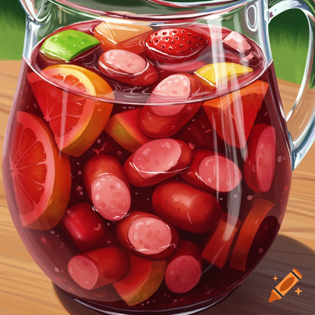 A pitcher of sangria with fruit slices and cut-up sausages.
