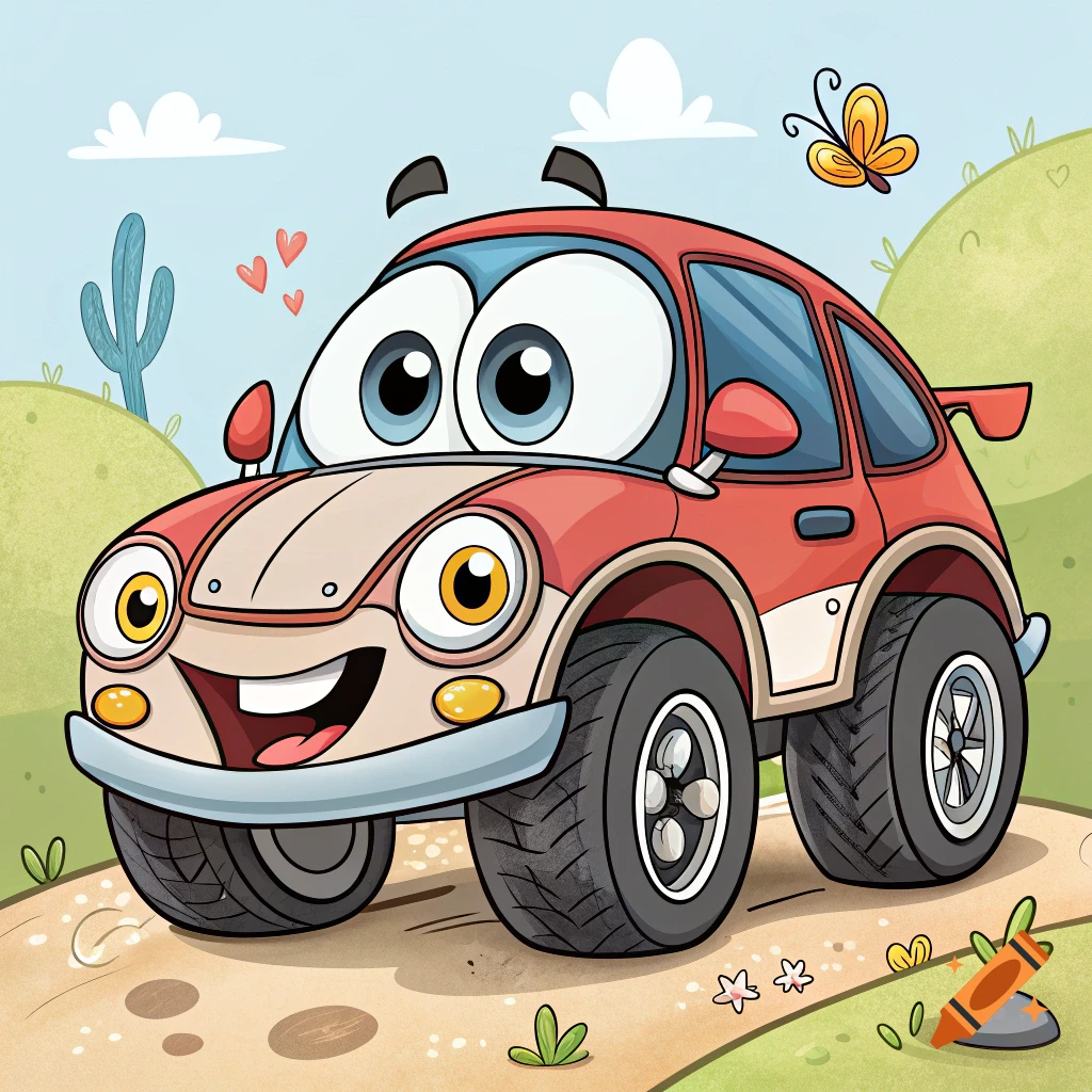 A cheerful red cartoon car with big eyes drives on a dirt road.