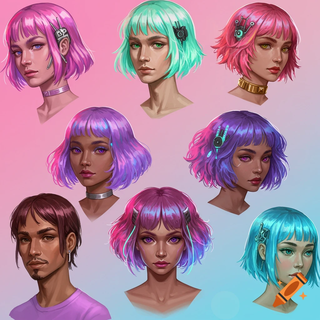 Multiple stylized portraits with colorful short hair and futuristic accessories.
