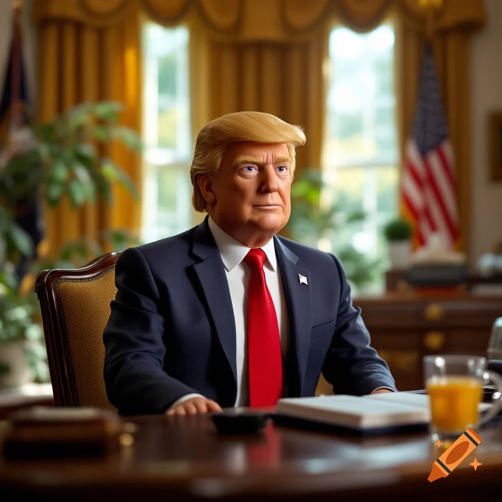 A figure resembling Donald Trump sits at a desk in a toy version of the Oval Office.
