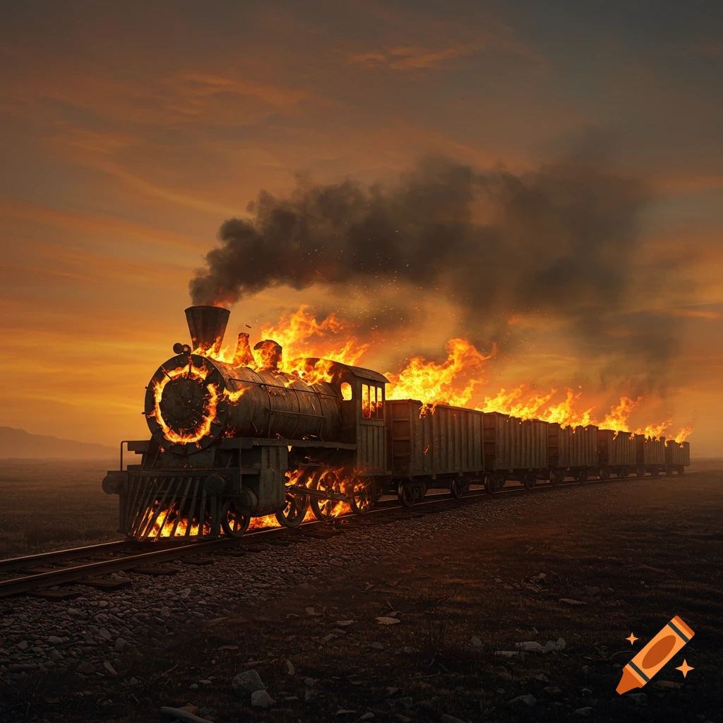 A train engulfed in flames moves through a field at sunset.