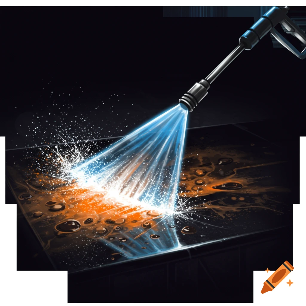 A power washer sprays water, cleaning an orange mess on a dark surface.