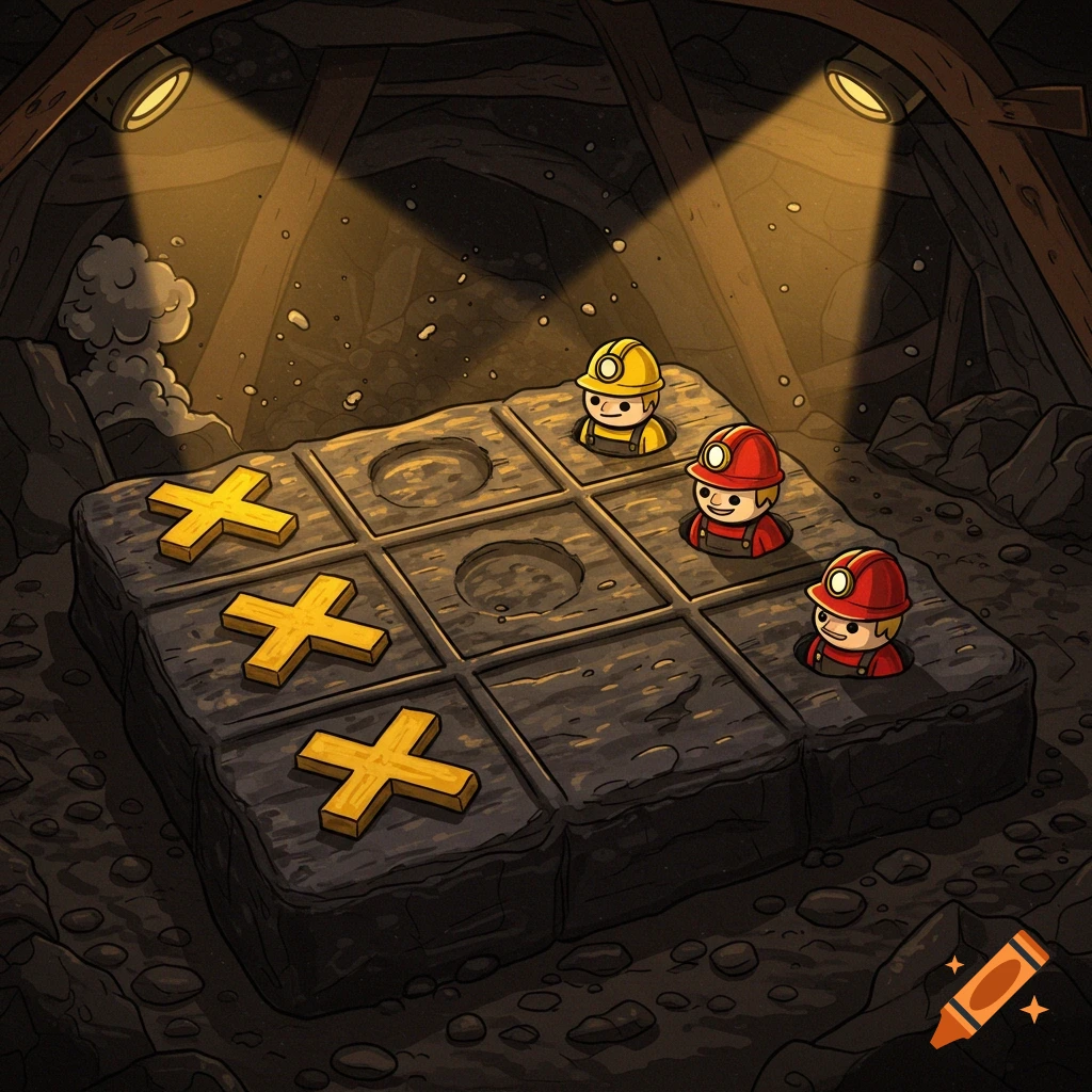Cartoon miners playing tic-tac-toe on a rock board in a dimly lit mine.