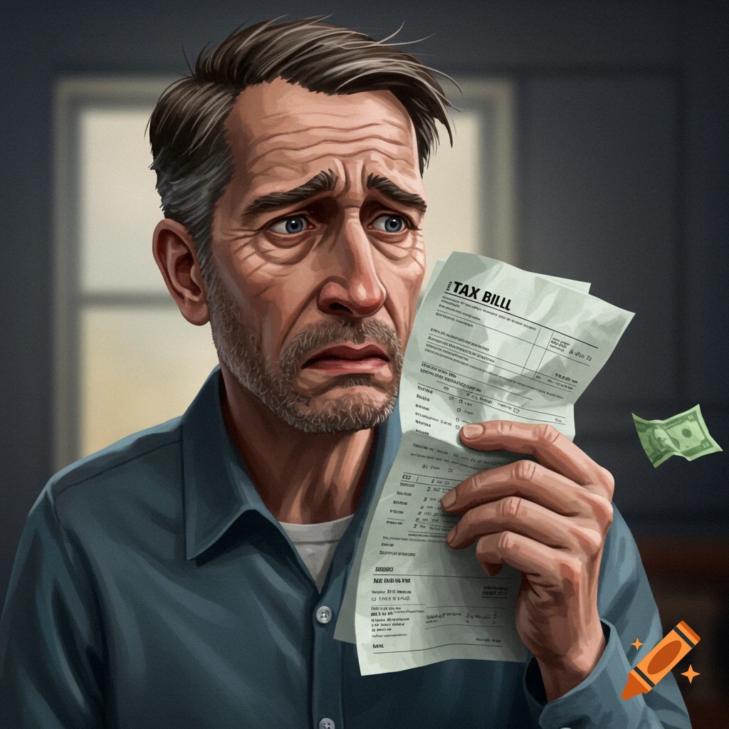 A man looks worried while holding a tax bill.