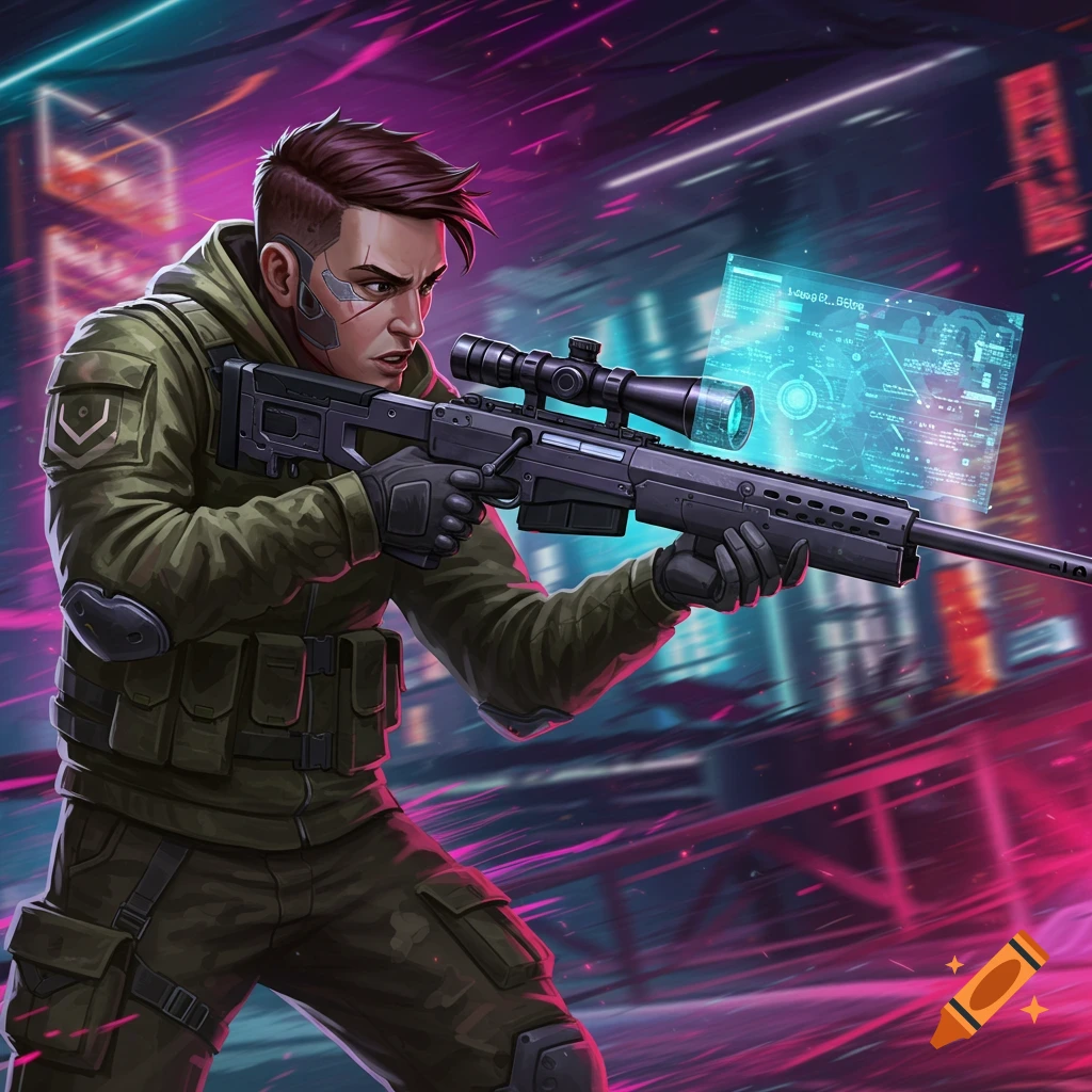 A sniper in a cyberpunk city holding a rifle.