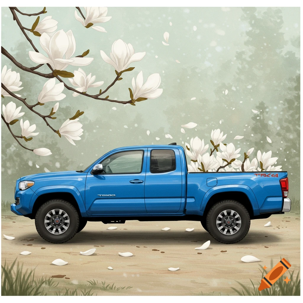 A blue Toyota Tacoma pickup truck with white magnolias in the bed, parked under flowering branches.