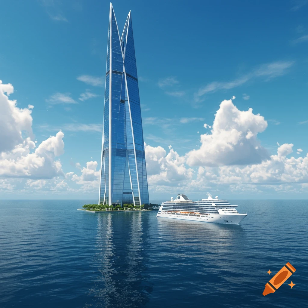 Photorealistic image of a tall skyscraper emerging from the ocean next to a cruise ship.
