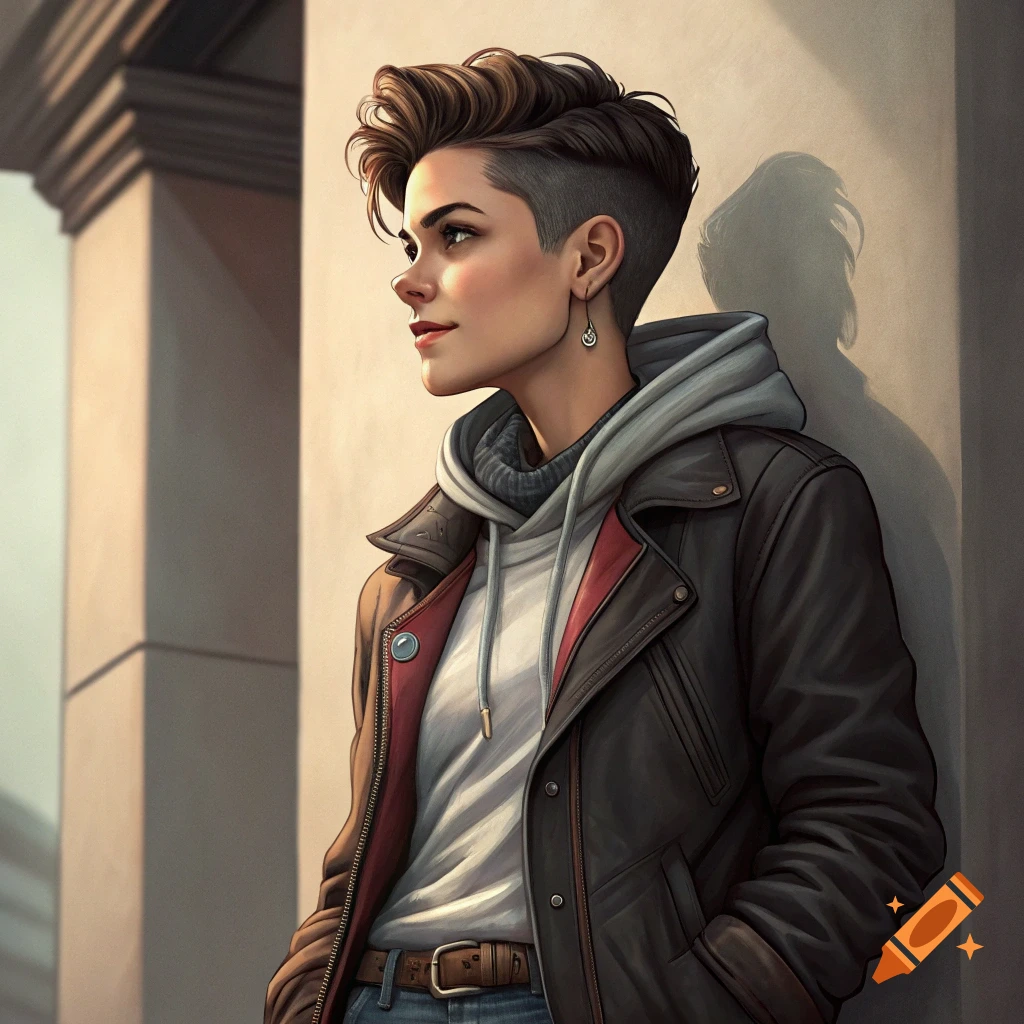 A person with a short haircut and undercut leans against a wall in a leather jacket and hoodie.