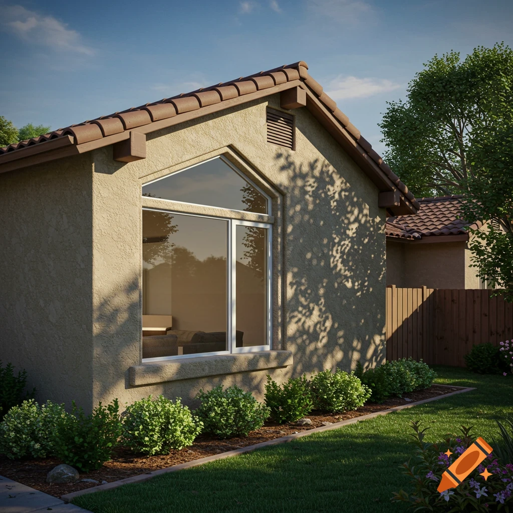 Photorealistic exterior view of a California-style house with stucco walls, a gable roof, and a large trapezoid window.