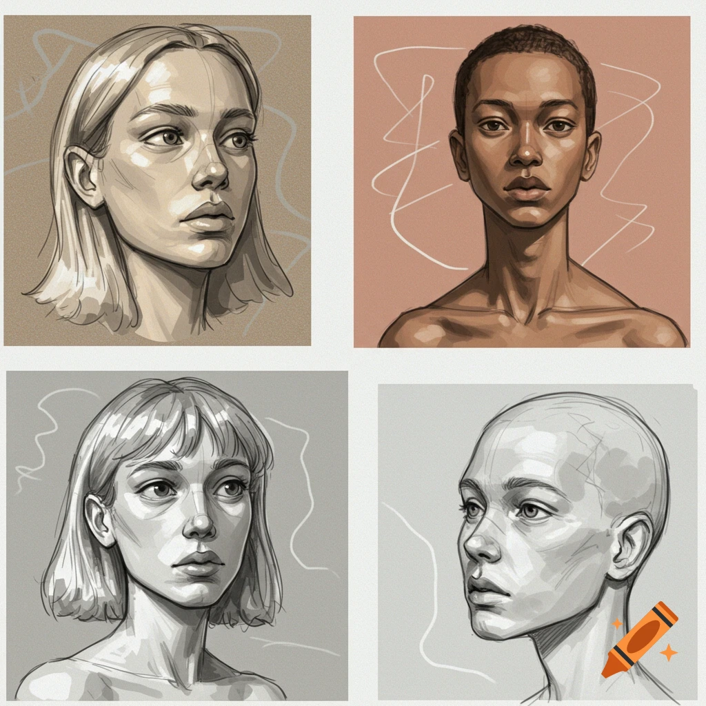 Four stylized portrait sketches of faces.