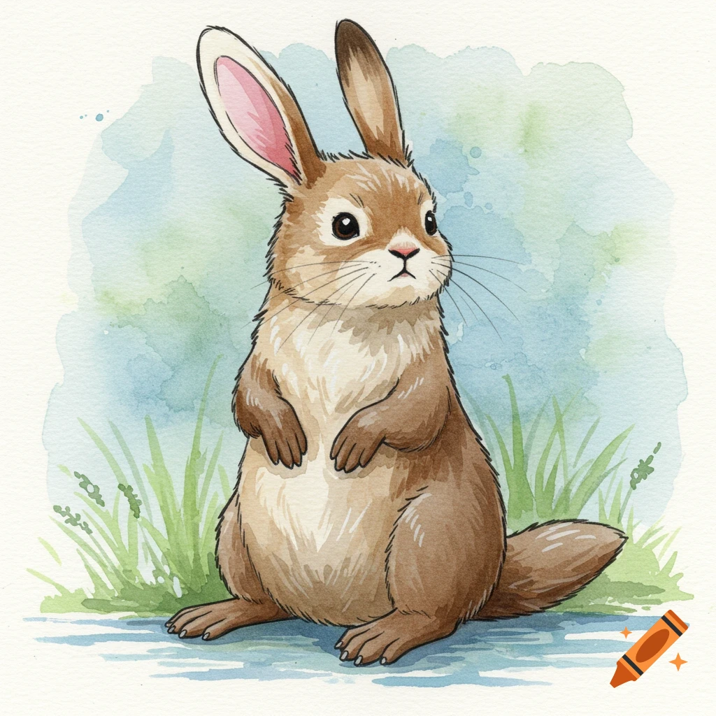 Watercolor illustration of a bunny and otter hybrid sitting in grass.