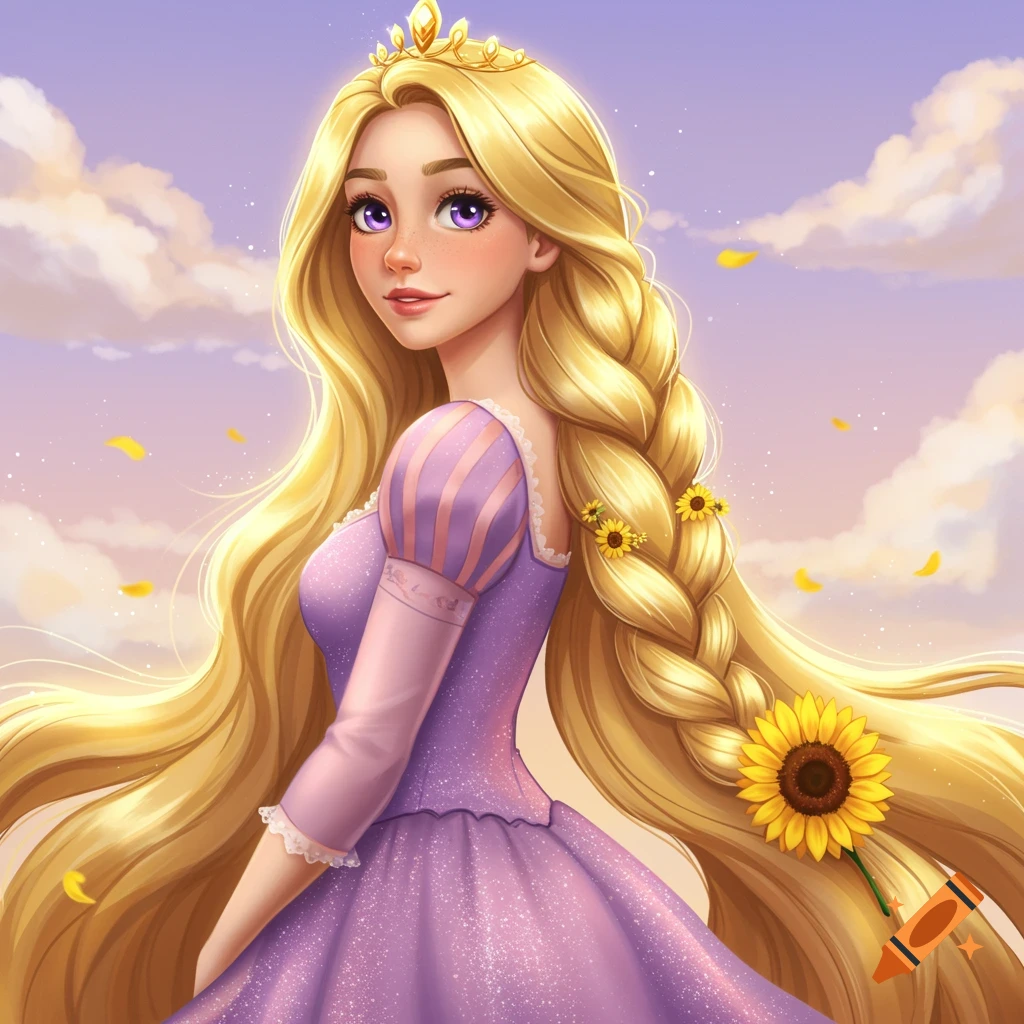 A girl with long blonde braided hair adorned with sunflowers, wearing a purple dress against a cloudy sky.