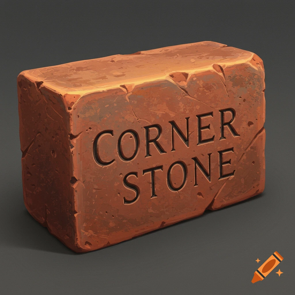 A weathered brick with 'CORNER STONE' carved into it.