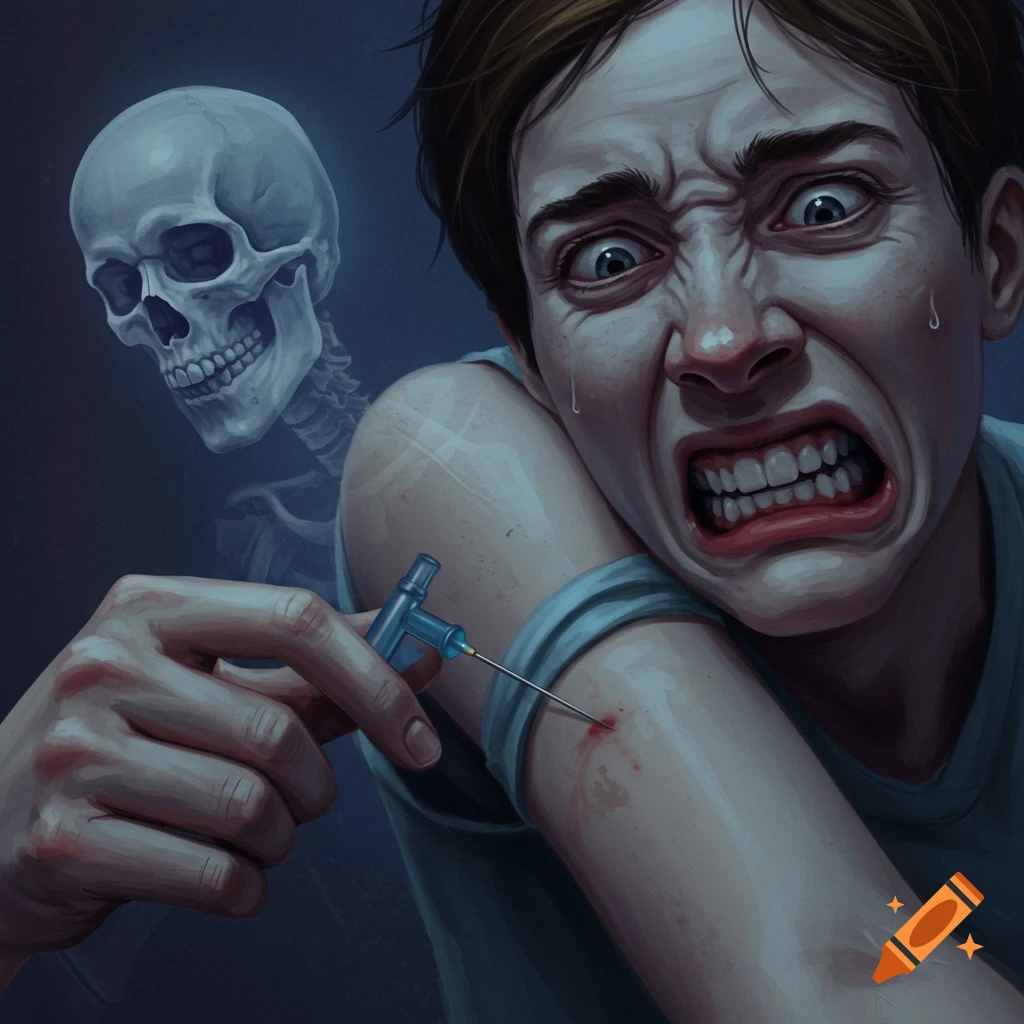 A person recoils in fear from a needle with a ghostly skeleton behind them.