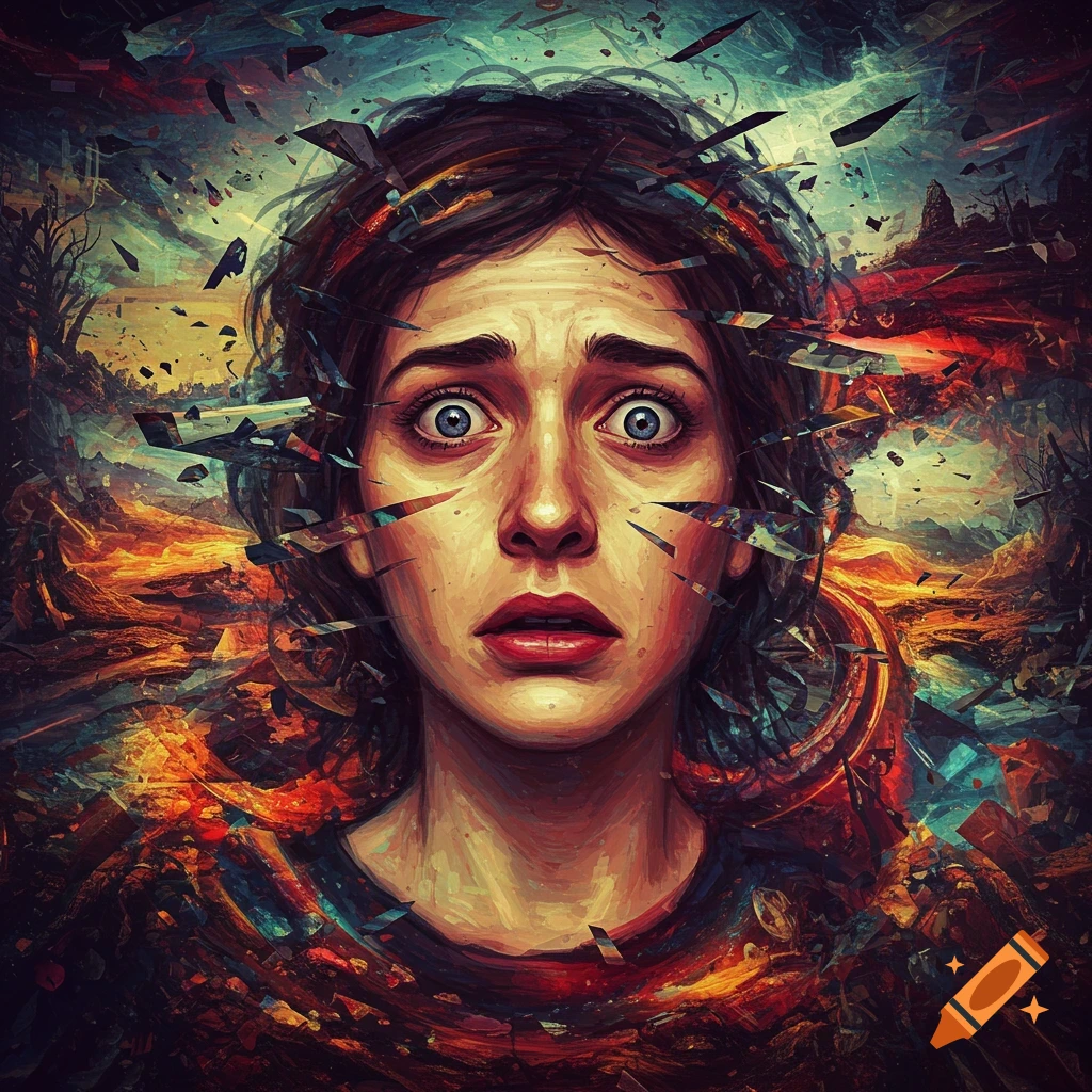 A close-up of a woman's face with wide eyes looking scared, surrounded by fragmented shapes and a chaotic landscape in orange, red, and blue tones.