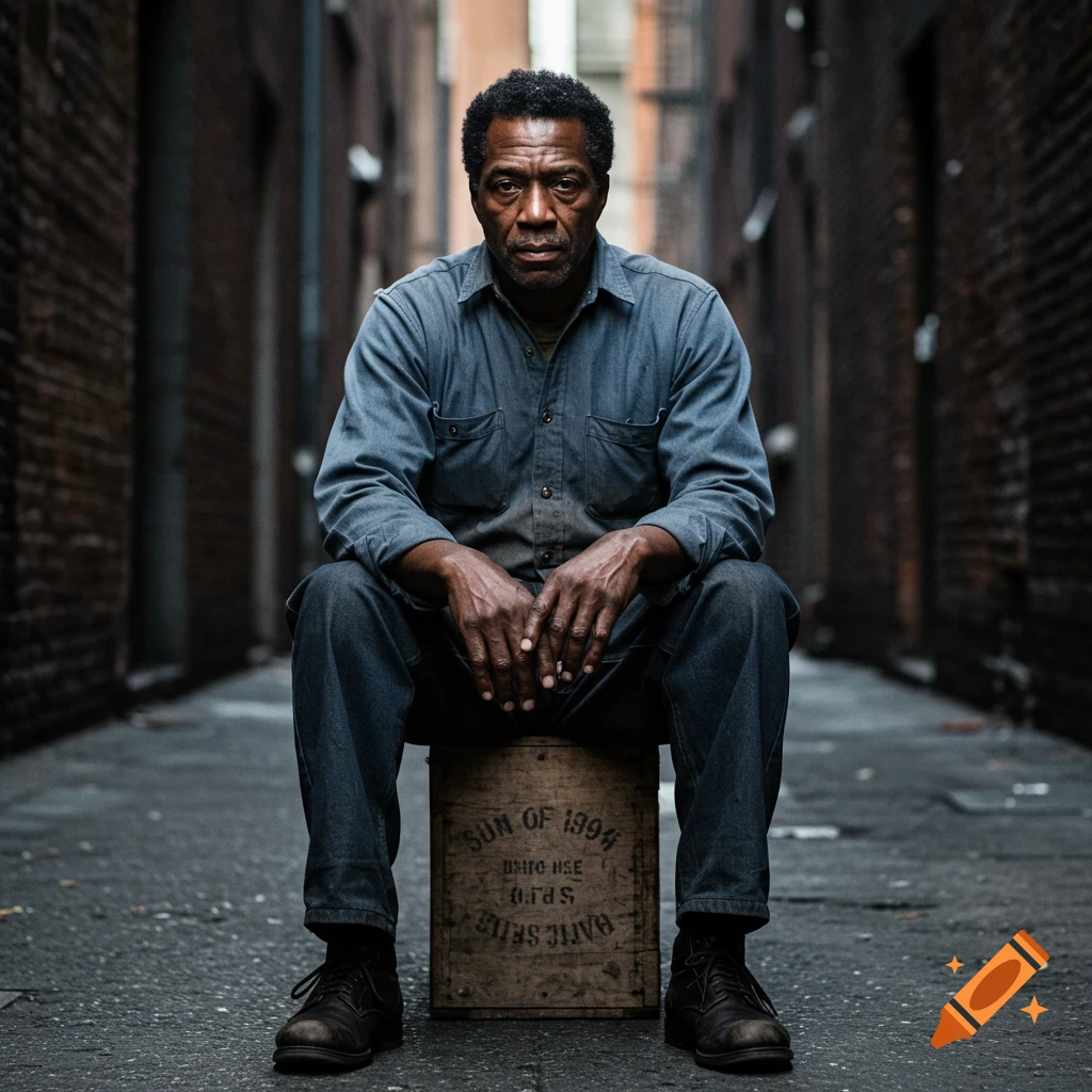 A tired-looking Black man sits on a wooden crate in a dark alleyway. Photorealistic.