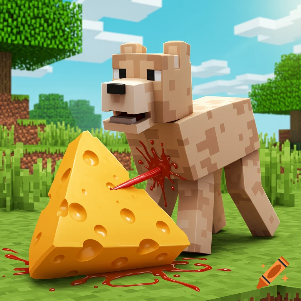 Minecraft dog is stabbed by a large piece of cheese in a field.