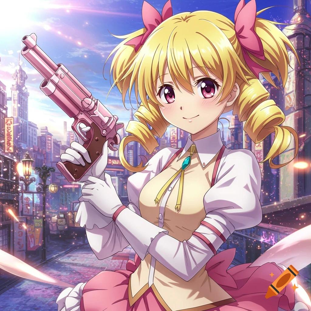 Anime girl with blonde pigtails in a pink dress holds a pink gun in a city street.