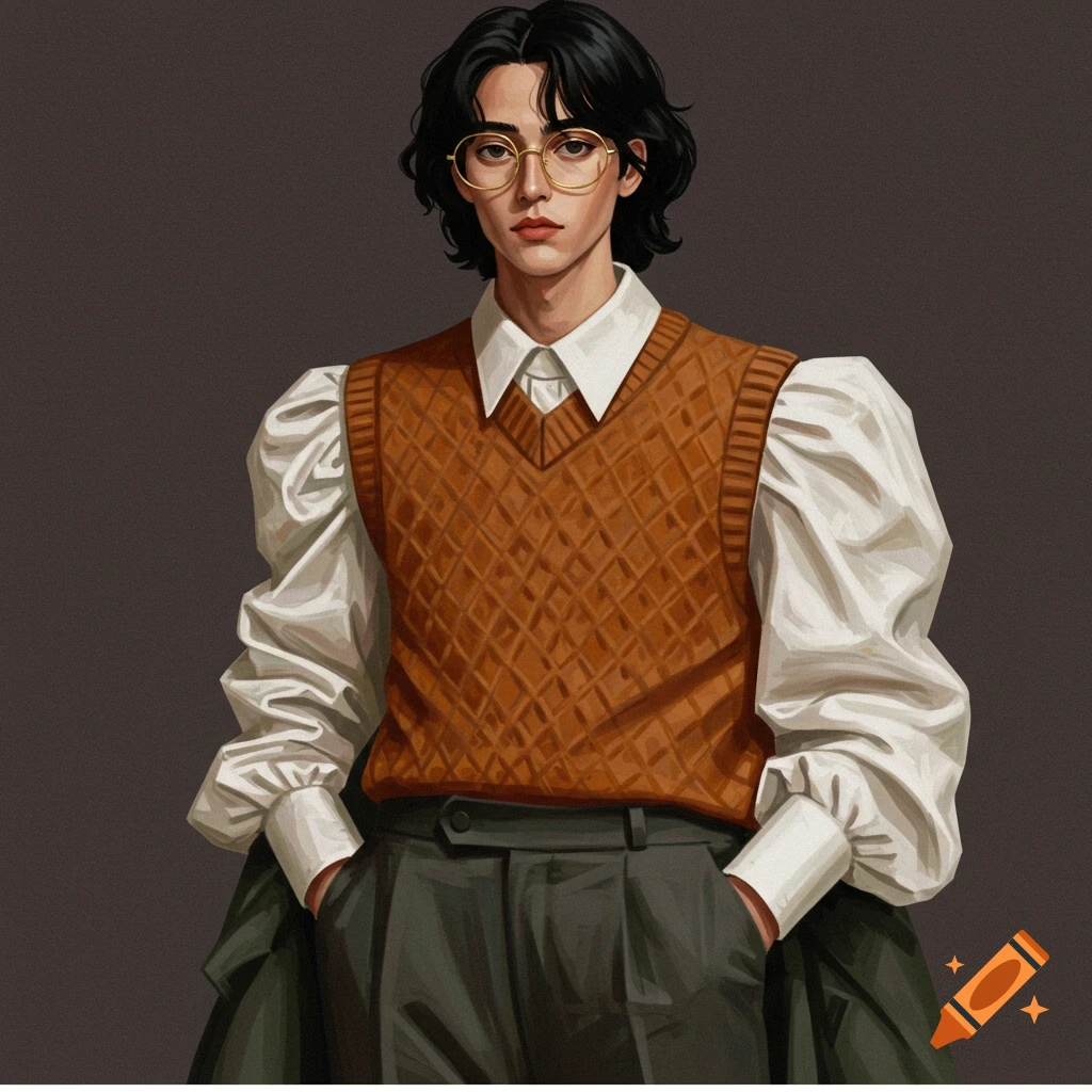 A person is wearing a white shirt, brown sweater vest, and glasses, with a dark coat.