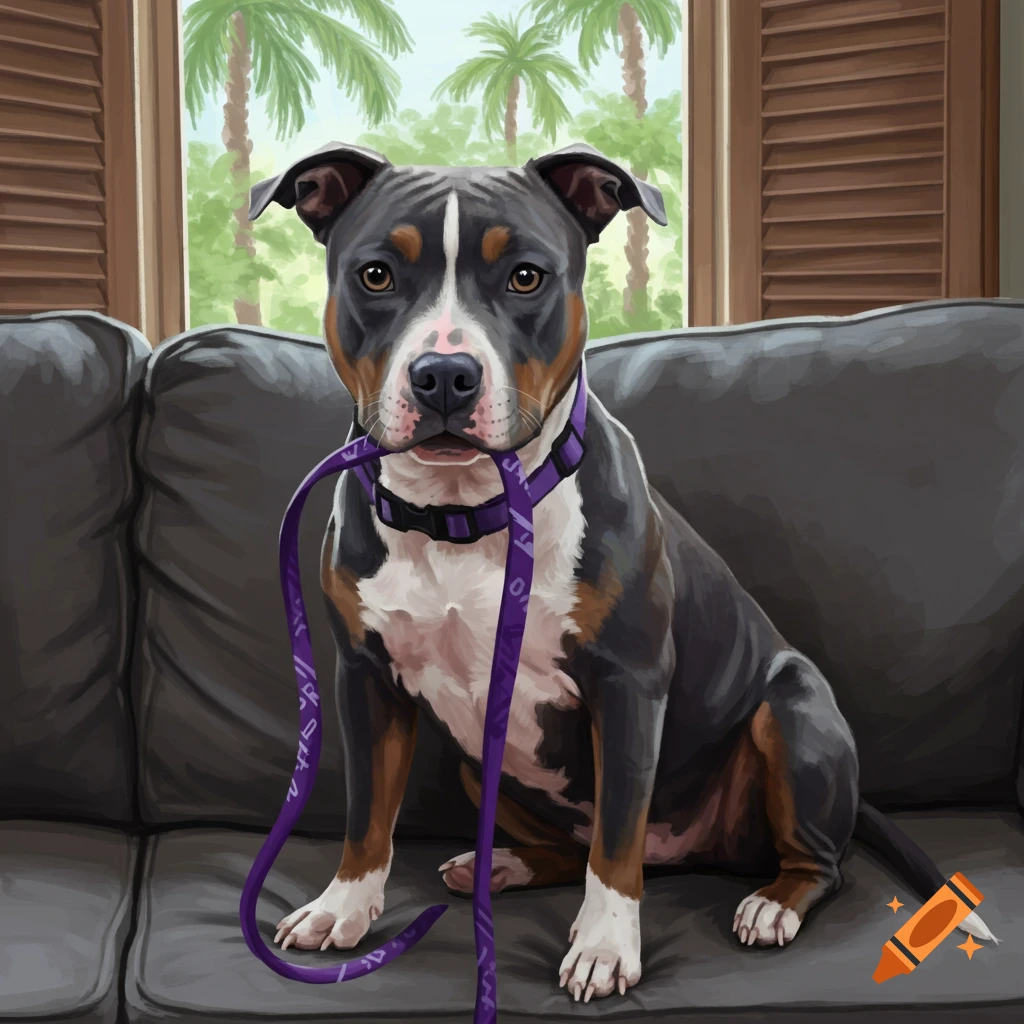 A pitbull type dog is sitting on a couch with a leash in its mouth, looking out a window at palm trees.