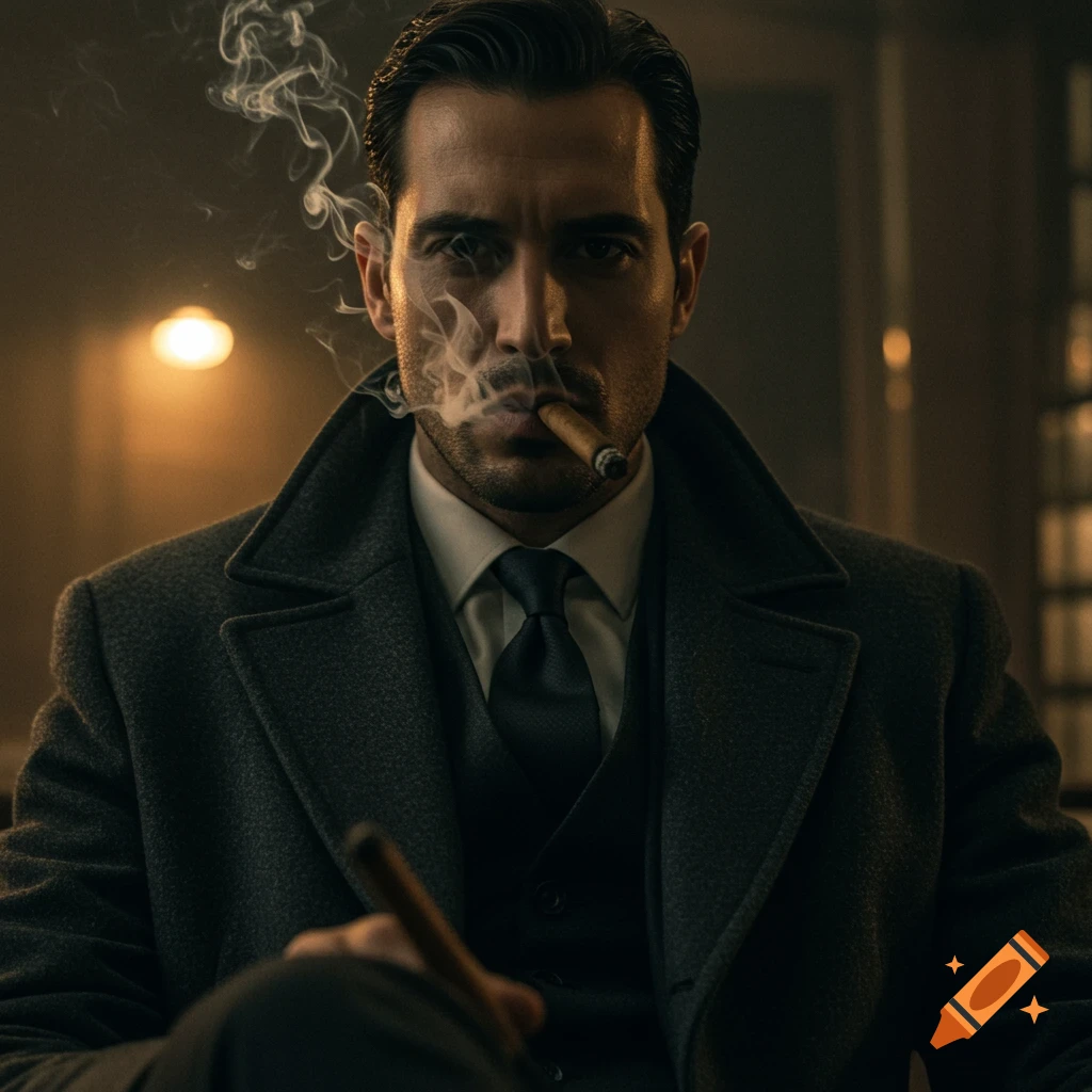 A man in a suit and overcoat smokes a cigar in a moody, dark setting.