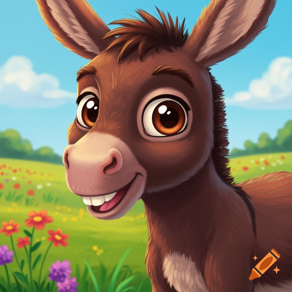 A whimsical cartoon donkey with big eyes and a smile stands in a vibrant meadow with wildflowers.