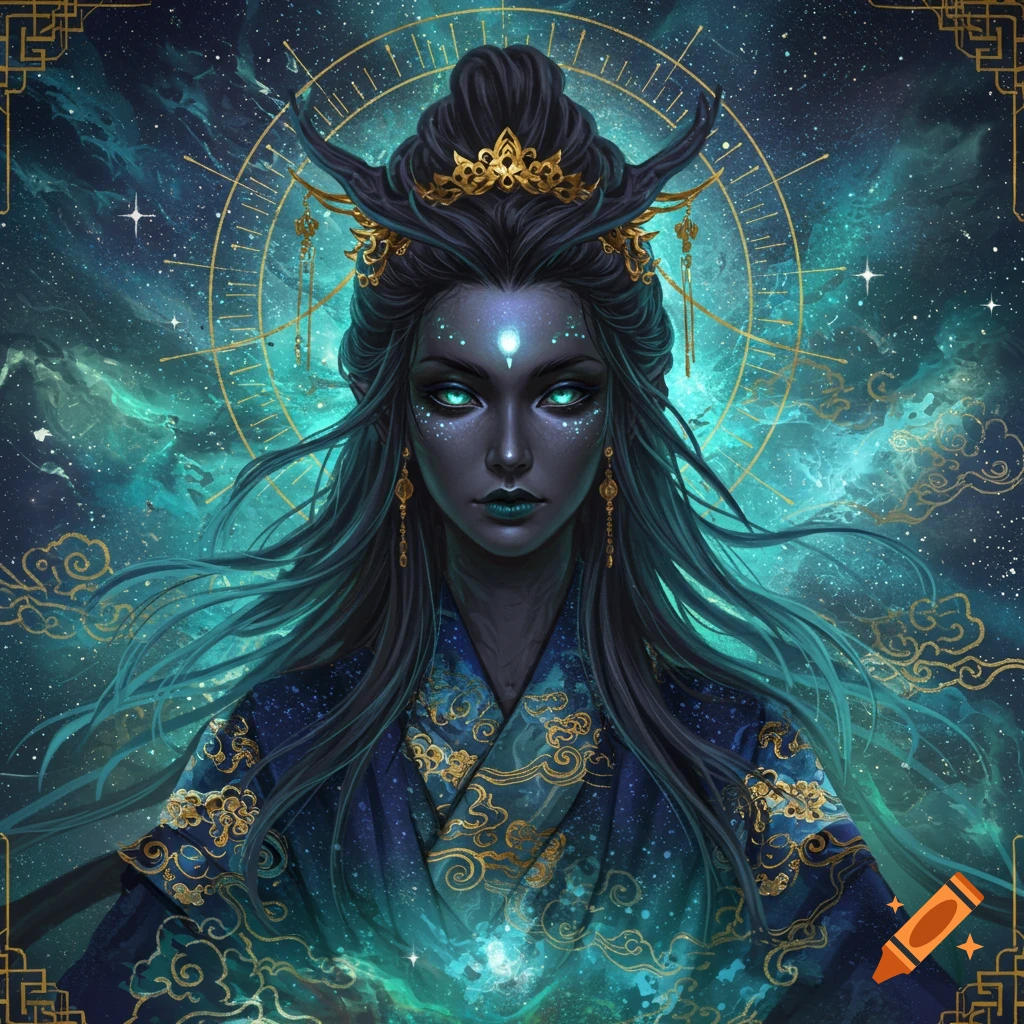 A fantasy goddess with glowing eyes and dark skin, wearing a blue and gold robe against a cosmic background.