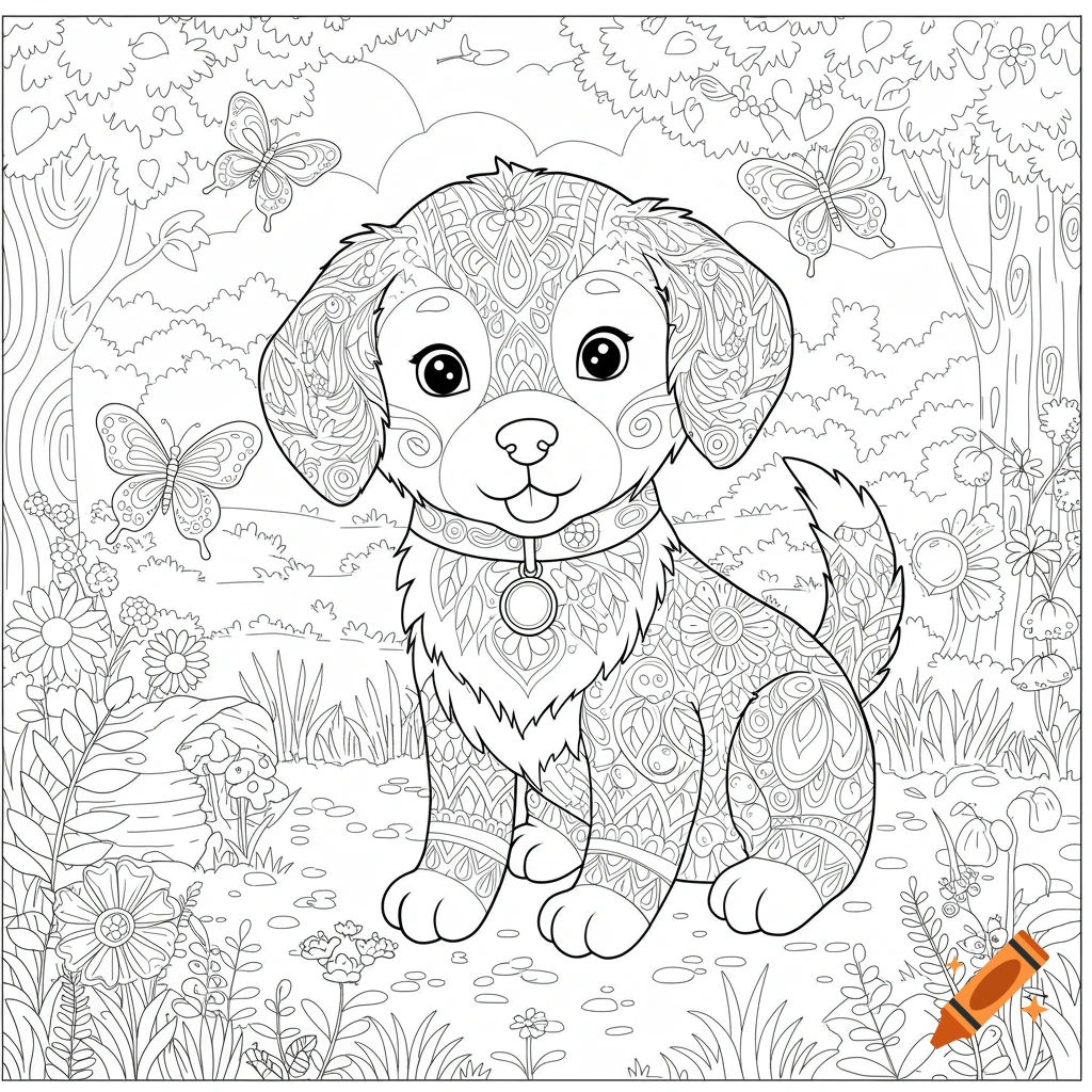 A black and white coloring page of a cute puppy sitting in a field with butterflies, flowers, and trees.